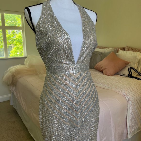 House of Jade Sky Sequin Party, Cocktail, Prom Dress with Feather Detail - Picture 2 of 12